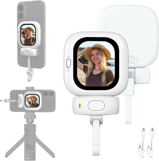 Mini Vlog Selfie Monitor Screen for iPhone, Wired Back Camera Monitor with Magnetic AMOLED Screen, Bluetooth Remote, Dual Cable Include for iPhone